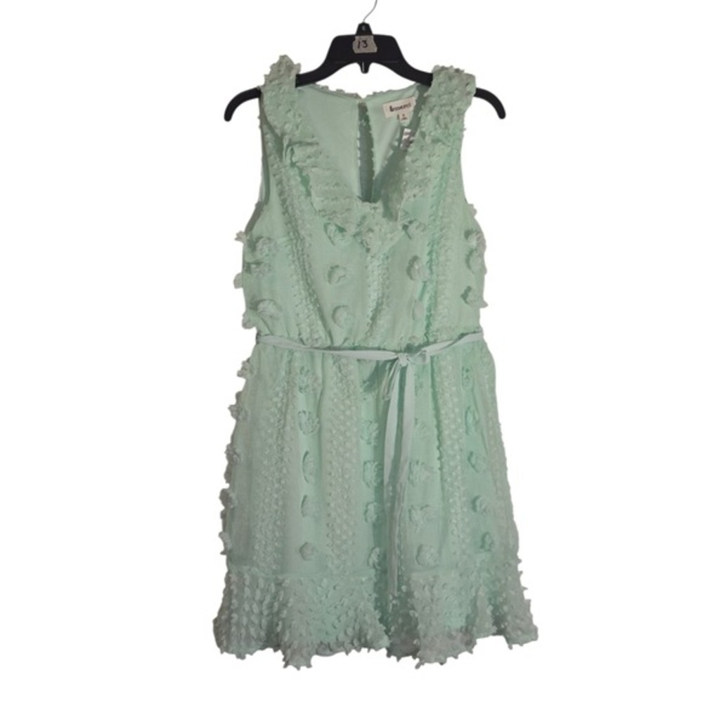 merci mint green ruffle floral appliqué dress sleeveless belted size S